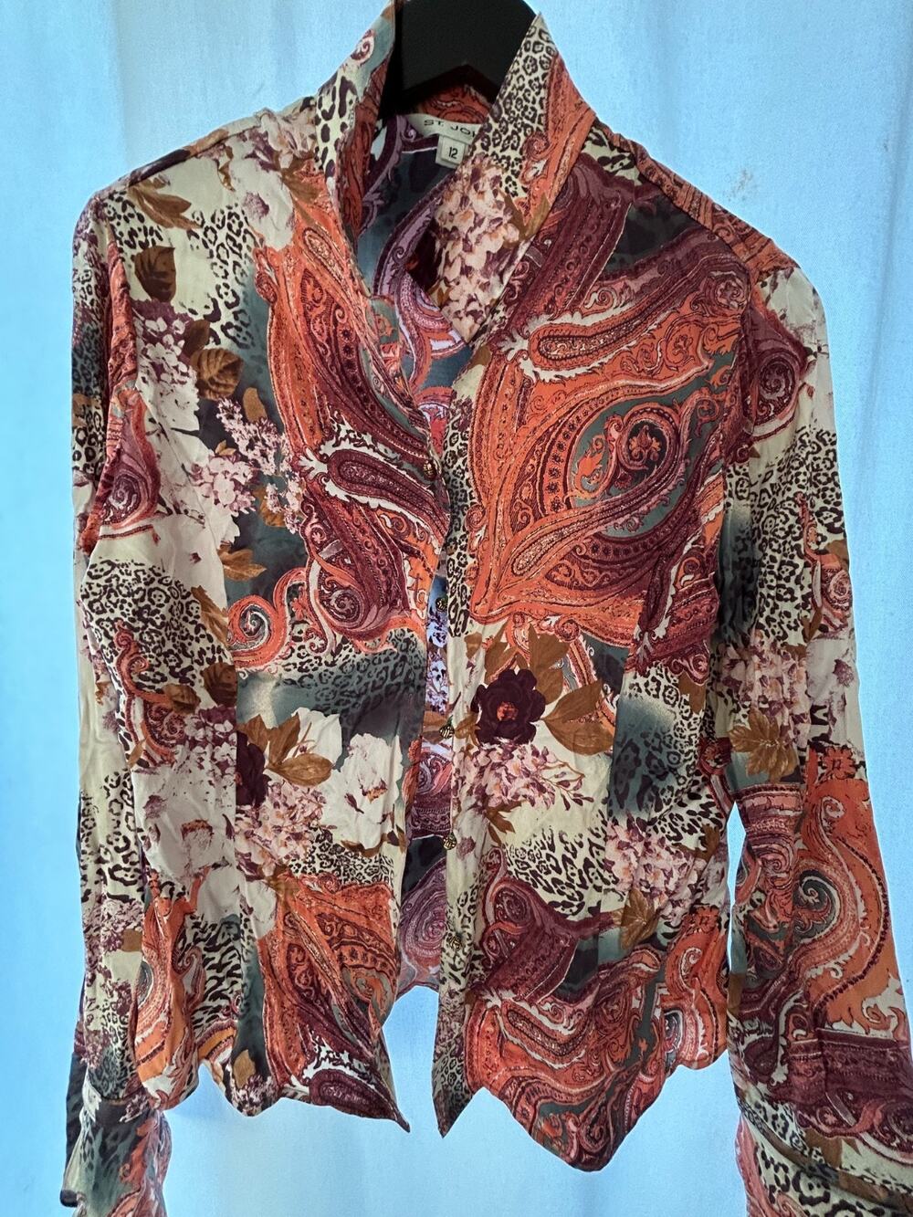 St John Long Sleeve Satin Stretch Shirt Sz 12